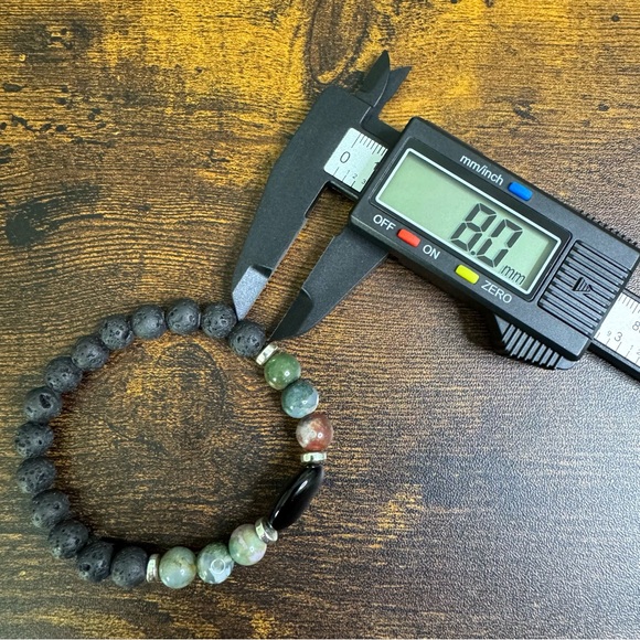 Lava Rock and Green Agate Beaded Stretch Bracelet with Black Stone Boho Chic - Picture 9 of 9